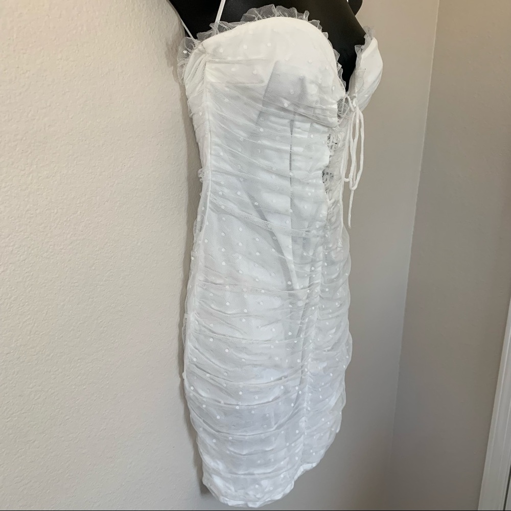 Princess Polly Ayesha White Ruched Polka Dot Ruched Lace Tie Bust Mini Dress - Picture 5 of 13
